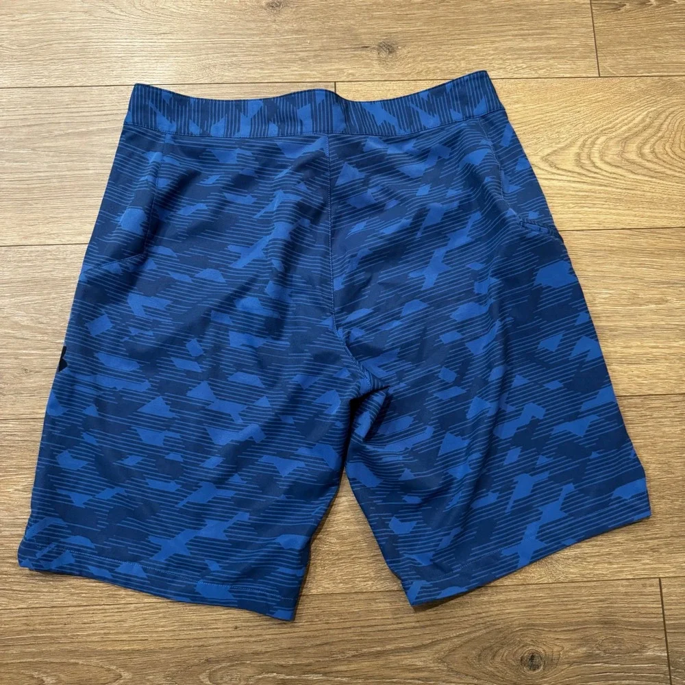 Under Armour Mens 34 Blue Geometric Board Shorts HeatGear Swim Trunks 1290503